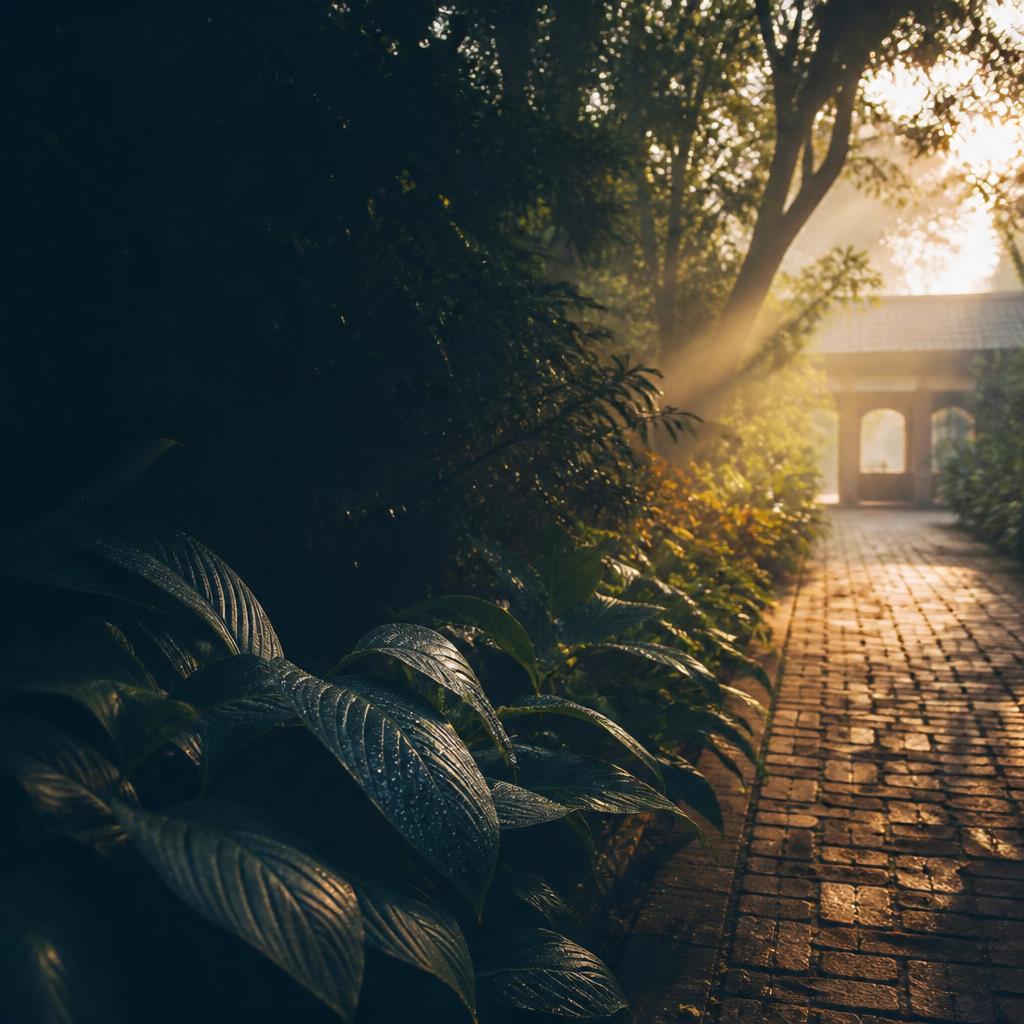 Sunlight filtering through greenery along a garden path